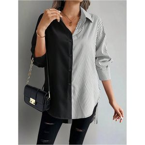 FOXA Chemise asymétrique rayée à manches longues et boutonnée pour femme, grande taille, pour le travail, automne - Product Image 3