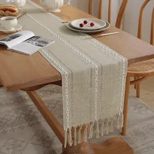 Rustic Linen Table Runner Farmhouse Style Table Runners Long Embroidered Table Runner With HandTassels Dining Room Decorations
