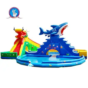 Dragón tiburón inflable piscina toboganes de agua de doble carril de gran tobogán inflable parque de agua