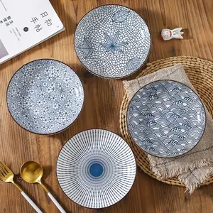 Japanese style classic pattern ceramic plate dinner set blue colors 4 styles 8 inch deep dishes plates tableware