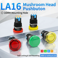 Tombol daya LA16-11M model kepala jamur, sakelar momentary self-reset dengan penguncian otomatis dan lampu, ukuran 16mm