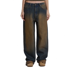 กางเกงยีนส์เดนิมทรงหลวมคุณภาพสูงสำหรับผู้หญิง ล้างแบบ Monkey Wash ทรงขากว้าง สไตล์วินเทจสุดพิเศษ - Product Image 2