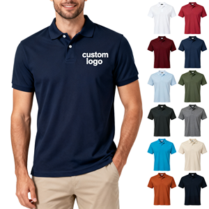 Polo homme à manches courtes, col boutonné, en tissu polyester tricoté 200g, anti-rétrécissement, style vintage, uni, avec logo personnalisé brodé. - Product Image 1