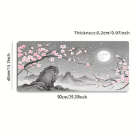Grand tapis de bureau avec illustration de style peinture à l'encre, fleurs de cerisier, montagnes, nuit éclairée par la lune, fonctionnel