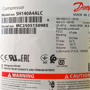 คอมเพรสเซอร์ Danfoss รุ่น SH140A4ALC 380-400V 50Hz ใช้สารทำความเย็น R410A สำหรับงานทำความเย็นและความร้อน - Product Image 1