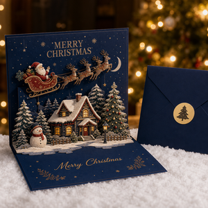 Carte de vœux de Noël pop-up 3D en papier, carte de fêtes avec Père Noël, rennes, bonhomme de neige, enveloppe cadeau - Product Image 2