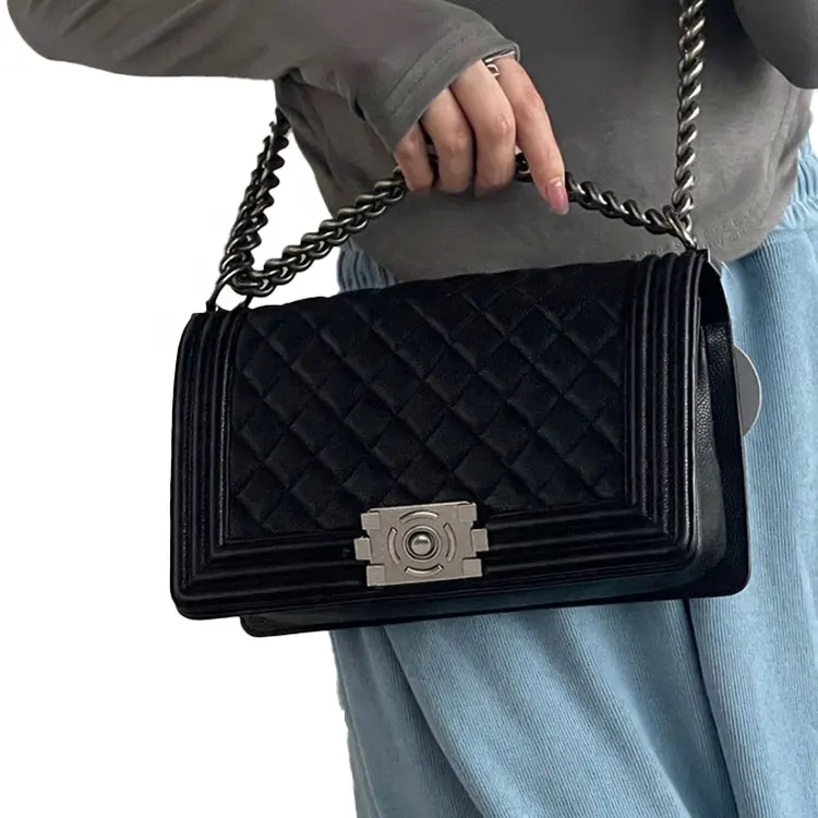Caviar cuero genuino moda bolsos portátiles Crossbody cadena cuadrada bolsos de mano para mujer estilo inglés bolsos de mensajero cubierta