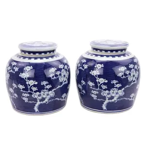 RZPi24-F-E Chinês azul e branco porcelana artesanal ameixa Felicidade carta flor design cerâmica Pequeno Chá Canister
