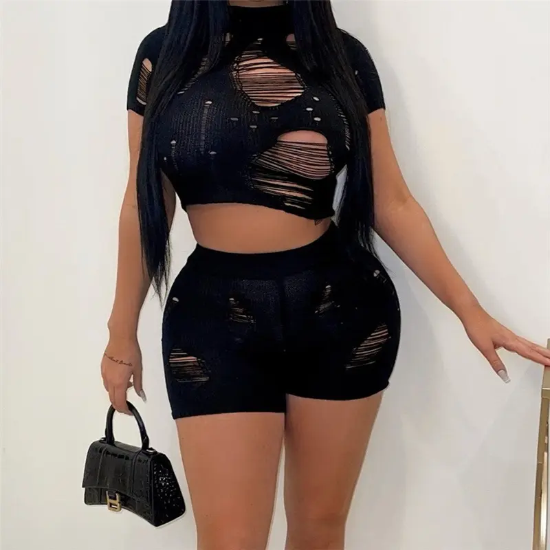 2023 Knit Women Tracksuit Ripped 2 Piece Set Short Sleeve Crop Tops Bike Shorts Skinny Elastic See Through Clubwear Outfits