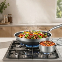 Set Peralatan Masak Stainless Steel 304 Anti Lengket dengan Tutup Kaca, Kompatibel dengan Induksi
