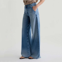 Jeans en denim extensible à jambe large sur mesure, coupe décontractée, indigo moyen délavé, mélange de coton premium, grandes tailles pour femmes