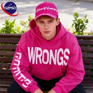 QZFSO Streetwear français éponge 100% coton sans ficelle polaire soleil fané personnalisé détresse broderie Patch recadrée à capuche pour hommes - Product Image 1