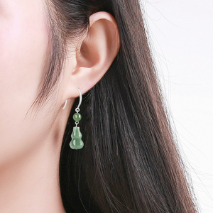 Natural <b>emerald</b> green bean-shaped hoop earrings made of jade bean-shaped stone. Set with S925 silver - Product Image 5