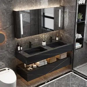 Tocador de baño de mármol con espejo led, mueble inteligente de pared