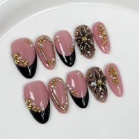 TSZS 10 pièces Faux ongles à presser en acrylique épais, motif vache, forme amande française, fleurs 3D en relief, faits main, vente en gros