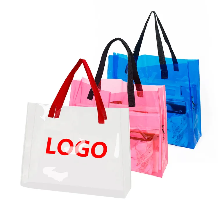 Custom Logo bolsa de compras Clear Pvc Swimming Beach Bags Large Travel Shopping Tote Soft Canvas Handle Women Transparent Bag
