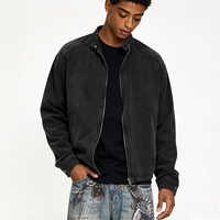 Veste en jean noire surdimensionnée personnalisée, unisexe, col montant, fermeture éclair intégrale, style streetwear décontracté, vintage, veste en jean pour homme, OEM TKAN1031