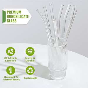 12 Pack Dishwasher Safe Set of 6 Straight and 6 Bent With <strong>4</strong> Cleaning Brushes 10''x10 <strong>MM</strong> Reusable Clear Glass <strong>Drinking</strong> <strong>Straw</strong>