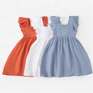 1 Pcs Custom Tag Plain Cotton Linen Plain Summer Baby Infant Clothing Flutter Sleeves Lace Up Girls Clothing Toddler Dress