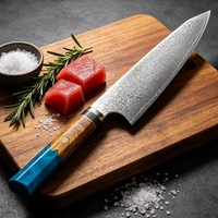 Ensemble de couteaux professionnels Damascuse, ensemble de couteaux de cuisine forgés à la main, lames en acier Damascuse à 67 couches découpées au laser, manche hybride en résine bleue et bois