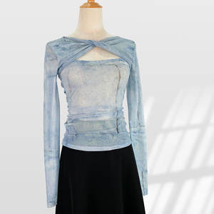 <span class=keywords><strong>T</strong></span>-<span class=keywords><strong>shirt</strong></span> à manches longues en maille de soie glacée mignonne, coupe ajustée, protection solaire, pour femmes, é<span class=keywords><strong>t</strong></span>é, fin, tie-dye, nœud torsadé, haut transparent - Product Image 3