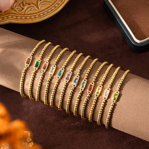 Baguette Birthstone Stretch <b>Bracelet</b> | 18K PVD <b>Gold</b> Plated Stainless Steel <b>Beads</b> | Waterproof, Hypoallergenic & Tarnish Free - Product Image 1