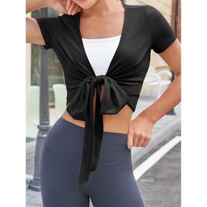 Custom Womens Workout <b>Crop</b> <b>Top</b> <b>Short</b> <b>Sleeve</b> Wrap Tie Loose Yoga Active Tee Casual Fitness Shirt - Product Image 3