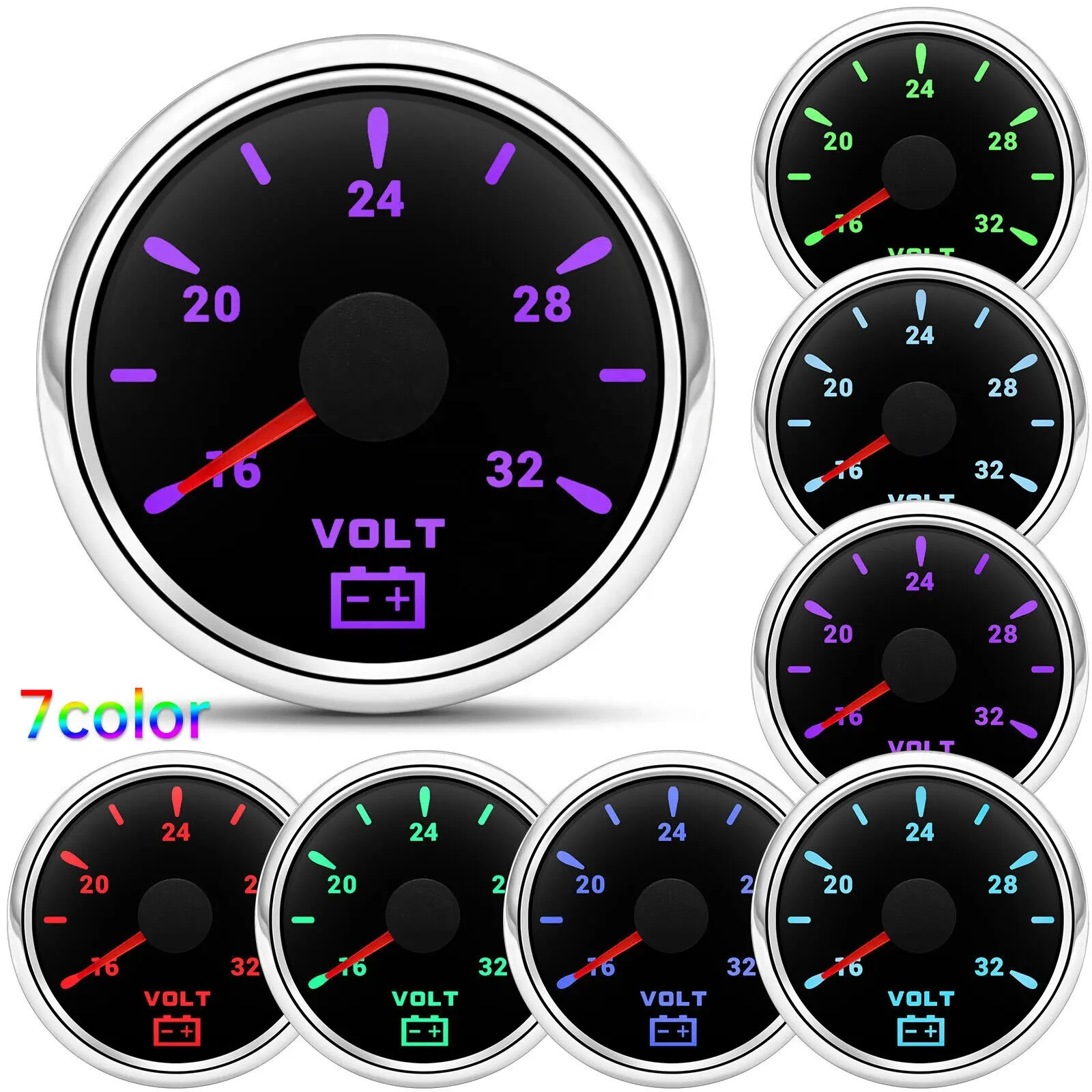 2" 52mm Pointer 7 Colors LED Car Boat Volt Meter Voltmeter Voltage Gauge 16-32V