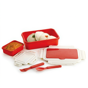 Boîte à lunch fraîche, boîte à lunch rectangulaire en plastique avec 2 compartiments, anti-fuite, conteneur alimentaire portable, empilable, rouge et blanc - Product Image 1