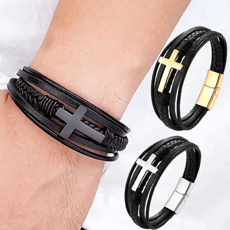 2023 Fashion Gifts Braided Design Classic Stainless Steel Buckle Christian Cross Black Men's Leather Bracelet For 19 21 23 cm