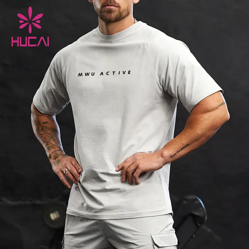 HUCAI 사용자 정의 95% 면 스판덱스 크루 넥 짧은 라글란 소매 남성용 편안한 핏 트레이닝 체육관 t 셔츠