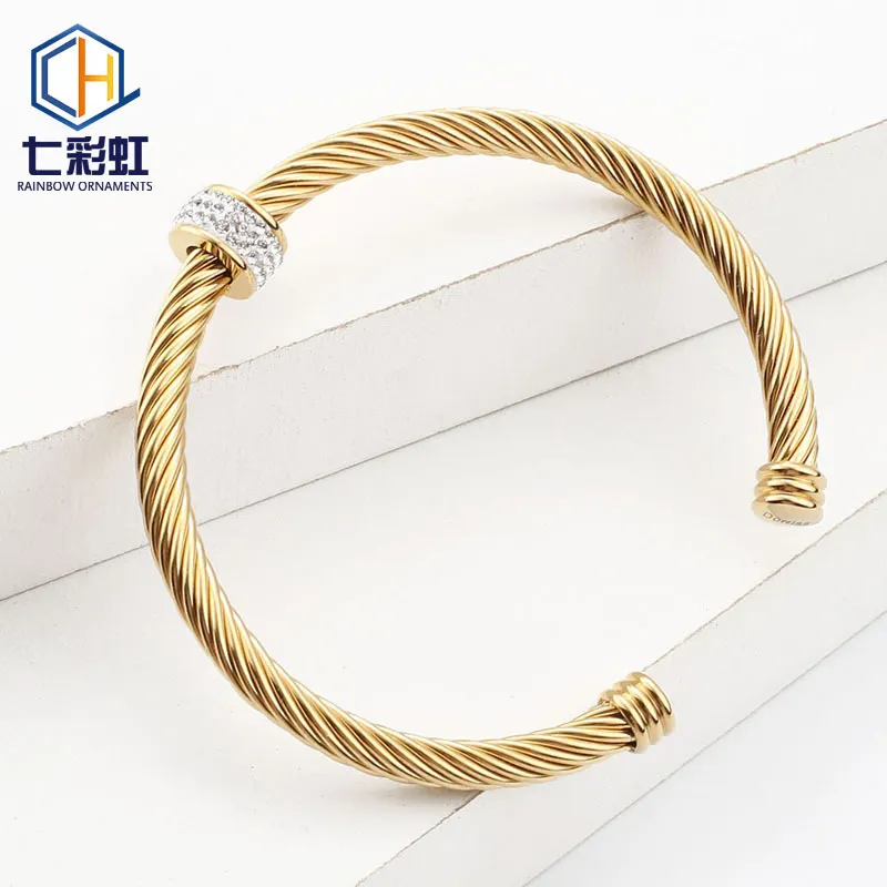 High Quality Stainless Steel Cable Wire Bracelet Women Zircon C Shaped Open Bangles Crystal Bracelet Bangle