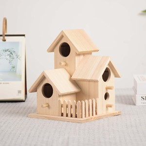 Casa para Pájaros de Madera, Estilo Villa de Tres Habitaciones, Adorno para Exteriores, Color Natural, Duradera - Product Image 4