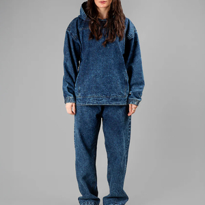 Sweat à capuche en denim tricoté personnalisé pour femme, style streetwear décontracté, manches longues, cordon de serrage réglable, logo frontal ODM - Product Image 1