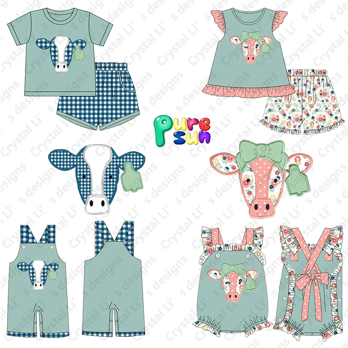 2023 kids girls clothing sets cow applique sibling matching clothes floral print custom applique kids girls clothing sets