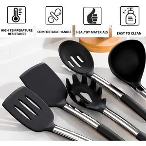 Utensil Set Silicone Cooking Utensil Set Stainless Steel Handle Non-stick Pan Silicone Heat Resistant Kitchen Tools Gad