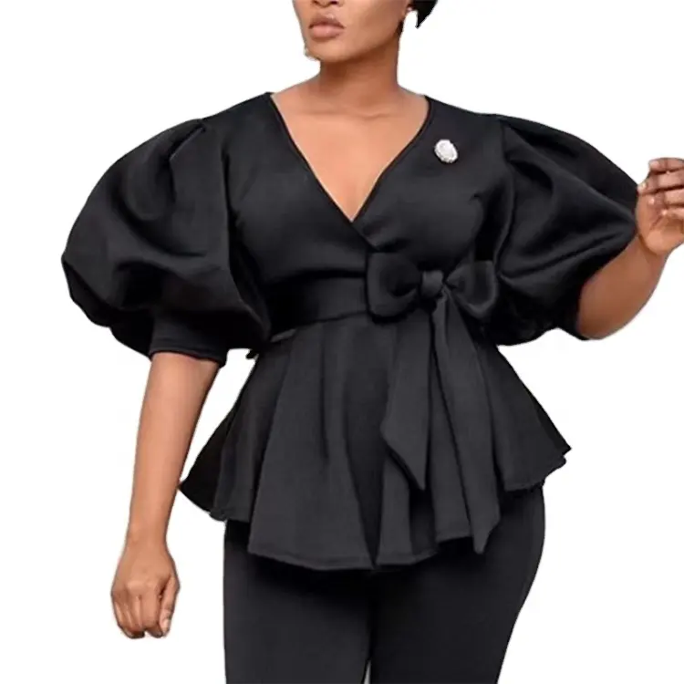 Fall Fat Women Clothes 3XL Plus Size Deep V Neck Black Sexy Party Top Lantern Puff Sleeve Ladies Shirt Blouses