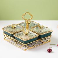 Boîte de rangement pour noix de luxe avec bols en céramique et plateau à fruits secs en métal doré