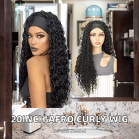 Perruque bandeau populaire 20 pouces, style Afro Kinky Curly Deep Wave, en fibre synthétique résistante à la chaleur, sans colle, avec bonnet en maille élastique réglable