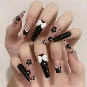 Unhas falsas de caixão para mulheres e meninas, 24 unidades, unhas falsas, prensa em unhas francesa 3d, cobertura completa extra longa, unhas para mulheres e meninas