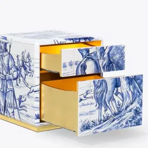 Muebles de Villa de lujo Diseños de acero inoxidable Mesita de noche 2 cajones Mesita de noche de color de porcelana azul y blanca