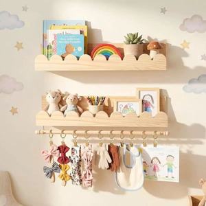 Solid Wood Wave Shaped Wall Mounted <b>Shelf</b> With <b>Hooks</b> For Childrens Room Toy Storage Organizer Natural Color Rectangle Shape - Product Image 1