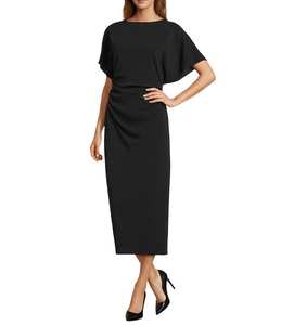 Elegante Vestido Midi Blanco de Satén con Manga Casquillo, Cuello Redondo, Silueta Ajustada Tipo Lápiz, Ropa Formal - Product Image 2