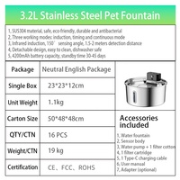 Fontaine à eau intelligente pour animaux de compagnie en acier inoxydable sans fil de 3,2 L certifiée CE RoHS, distributeur d'eau silencieux à circulation continue, logo personnalisé