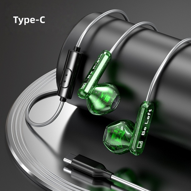 Semi In-Ear Transparent Shell Wired Earphones Type C High Definition Sound Heavy Bass Real-Time Sync for Sport Game Music