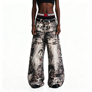 TOPSHOW Pantalon en jean streetwear vintage à motif graphique personnalisé, coupe ample, haute qualité, selvedge brut, délavage laser, jambe large - Product Image 1