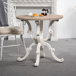 Table basse de salle à manger rustique de style ferme, ronde, en bois sculpté, blanchi à la chaux, avec 4 pieds croisés - Product Image 3