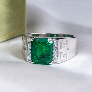 Messi Jewelry MSR-1849 925 <b>Silver</b> Radiant Cut May Birshstone Lab <b>Emerald</b> Fashion <b>Ring</b> Claw Setting <b>Emerald</b> <b>Ring</b> for Men - Product Image 3