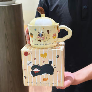 Cute Cat Tail Ceramic <b>Cup</b> with <b>Lid</b> and Spoon Cartoon Design for <b>Coffee</b> or Milk Presents Office Use - Product Image 3