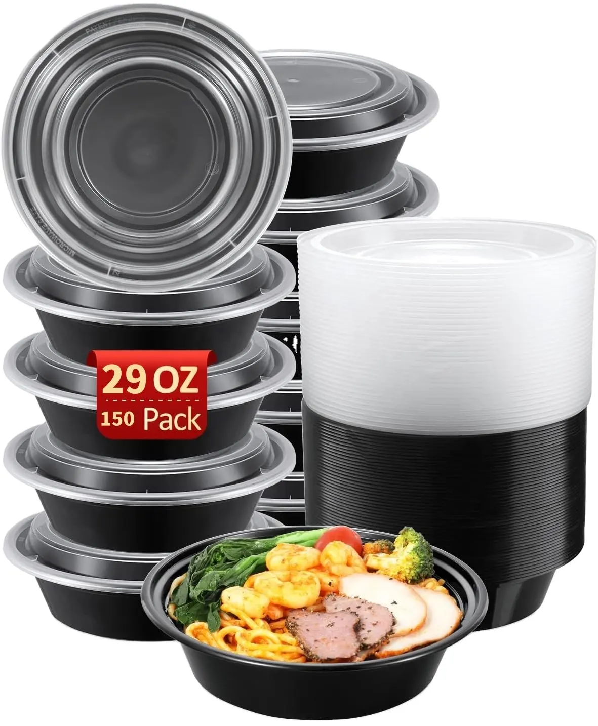 Lò vi sóng freshware tái sử dụng 24oz 32oz 38oz vòng màu đen PP nhựa bữa ăn chuẩn bị bát cho salad Vegan